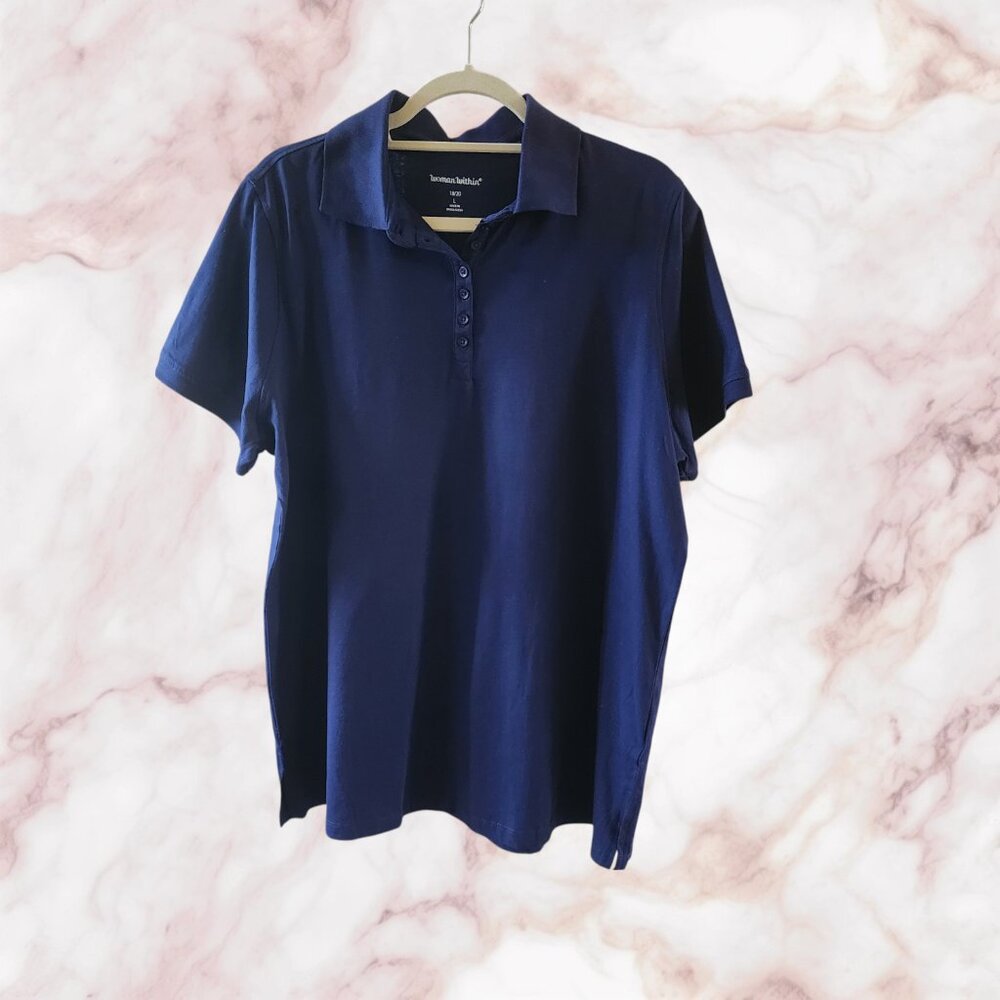 Woman Within Navy Blue Short Sleeve Polo Shirt Plus Size L (18W/20W)